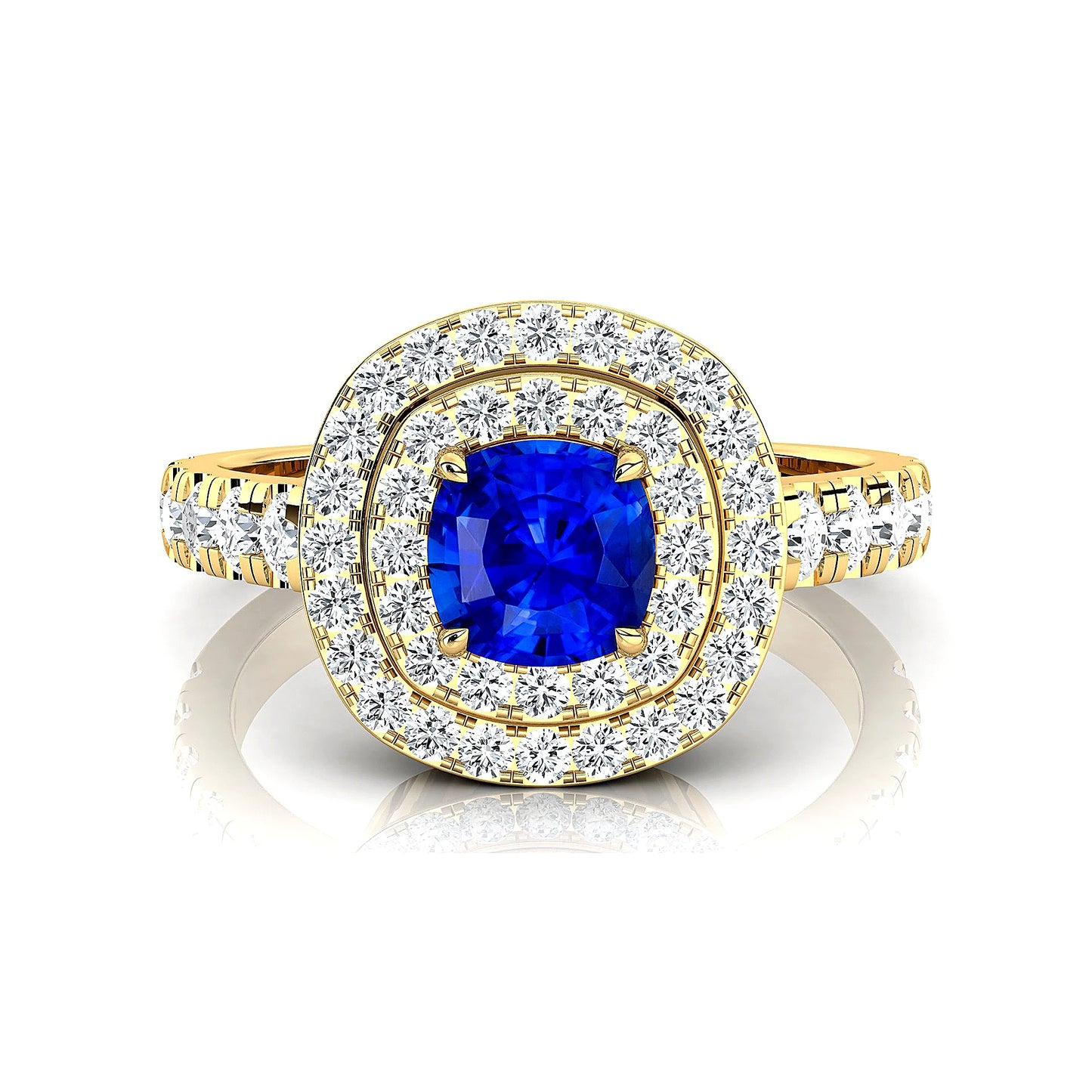 18kt Solid Gold Lab Grown Blue Sapphire Gemstone Real Diamond Rhodium Plated Handmade Double Halo Ring Jewelry Gift For Wife