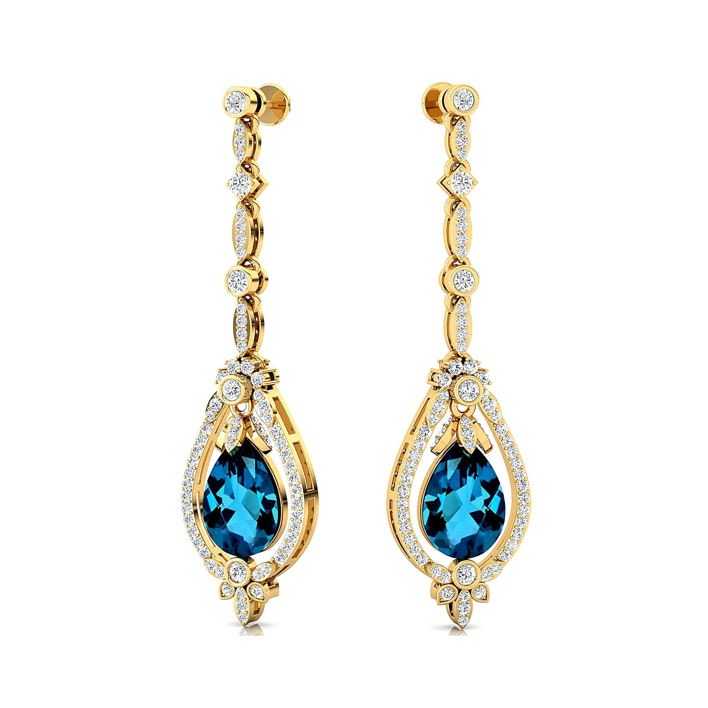 Pear Cut Natural London Blue Topaz Gemstone Real Diamond 18K Solid Gold Dangle Drop Halo Earrings Wedding Party Gift for Women
