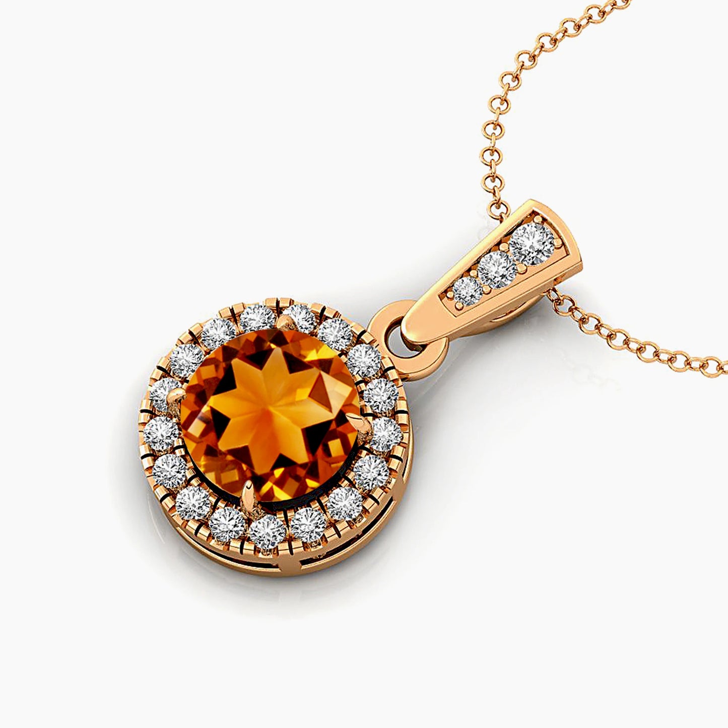 Classic Cute Design Cut Citrine Gemstone Halo Solitaire Charm's Pendant Necklace 14K Solid Gold Rhodium Plated Natural Diamonds