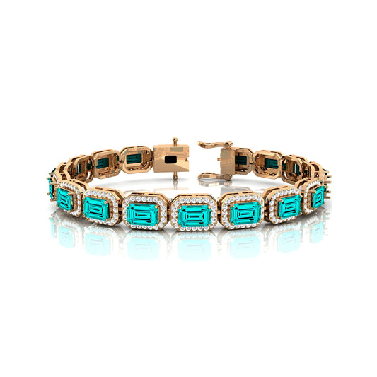 14k Pure Gold 2.2mm Lab Grown Paraiba Tourmaline Gemstone With Diamond Tennis Bracelets Classic Handmade Unisex Diamond Bracelet