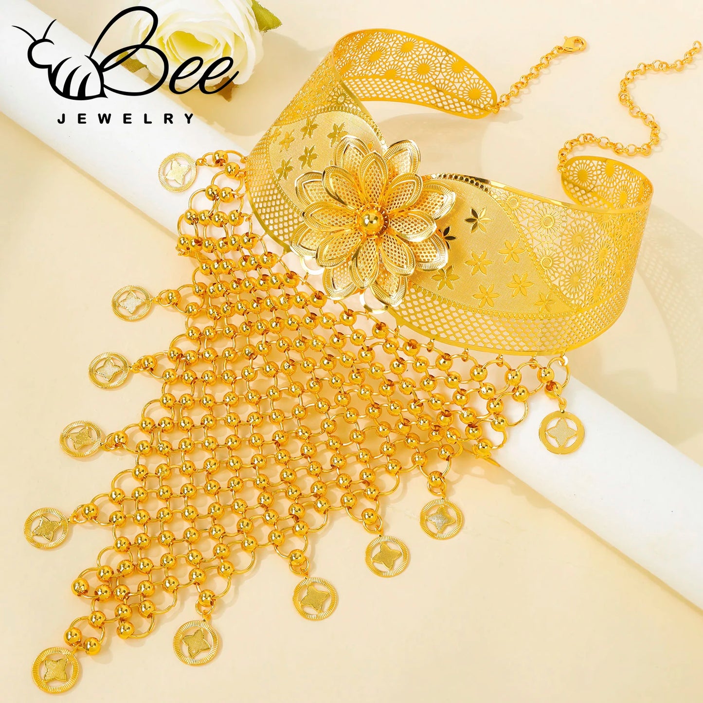 Luxury Gold Color Indian Bridal Jewelry Set Hollow Tassel Flower Long Bib Necklace Earrings Sets For Wedding