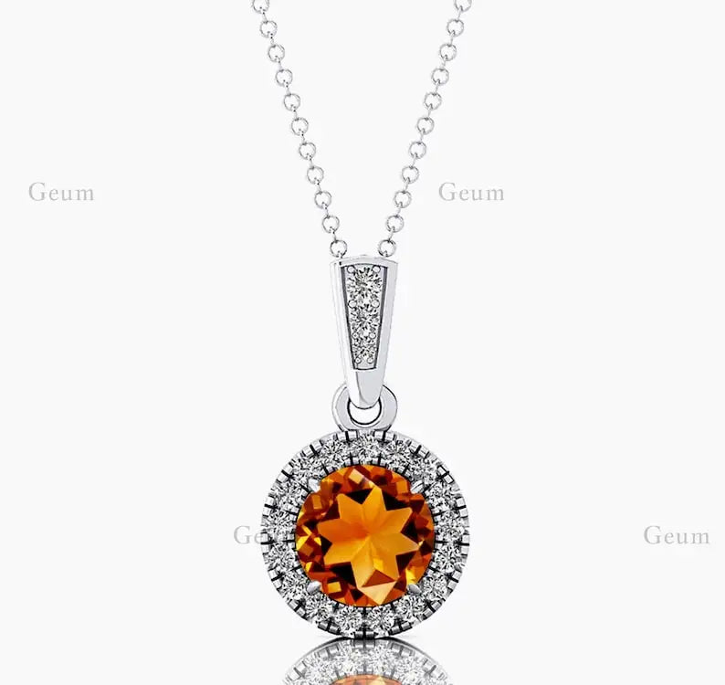 Classic Cute Design Cut Citrine Gemstone Halo Solitaire Charm's Pendant Necklace 14K Solid Gold Rhodium Plated Natural Diamonds