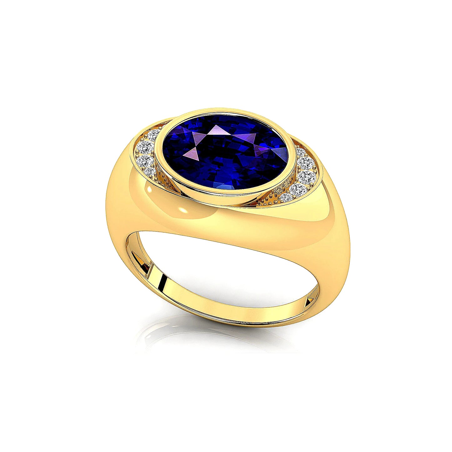 Oval Cut Lab Grown Blue Sapphire Gemstone Solid Gold Rhodium Plated Bezel Setting Ring With Real Diamonds Luxurious Ring Gift