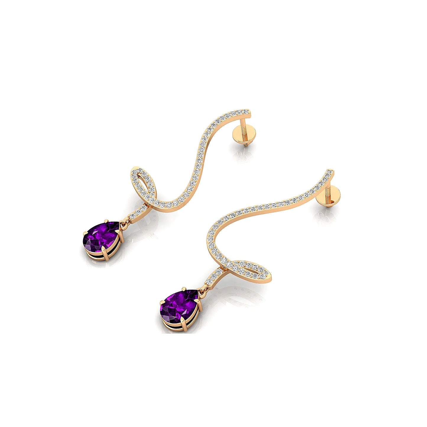 18k Solid Gold Natural Amethyst Gemstone Dangle Drop Earrings with Real White Natural Diamonds Fine Birthstone Wedding Gift