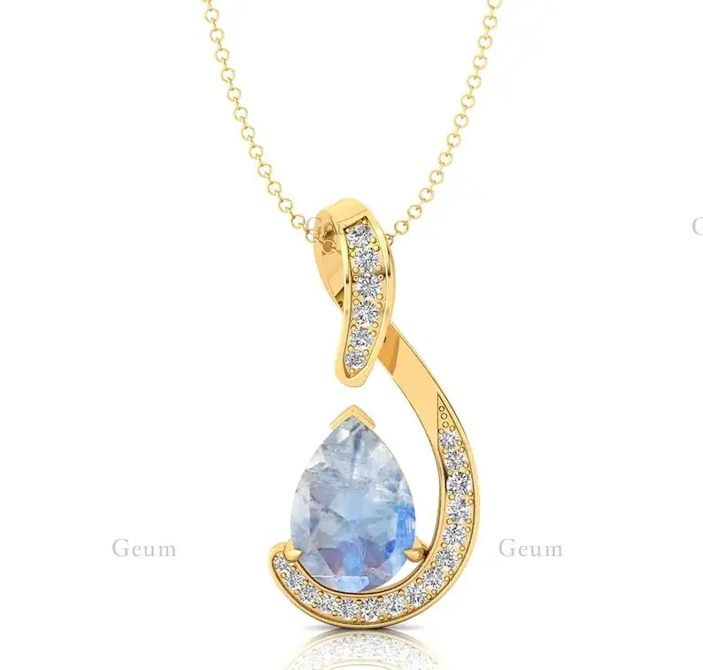 Pear Cut Natural Rainbow Moonstone Tear Drop Charm's Pendant Necklaces With Diamonds Anniversary Gift For Her 18k Solid Pendant