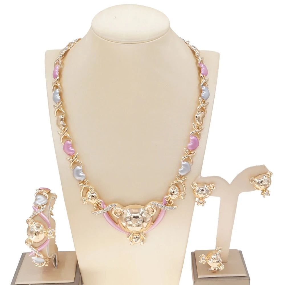 Zhuerrui Tricolor Gold Plated Diamond Teddy Bear Necklace Bracelet Ring Earrings Banquet Jewelry Set X0185