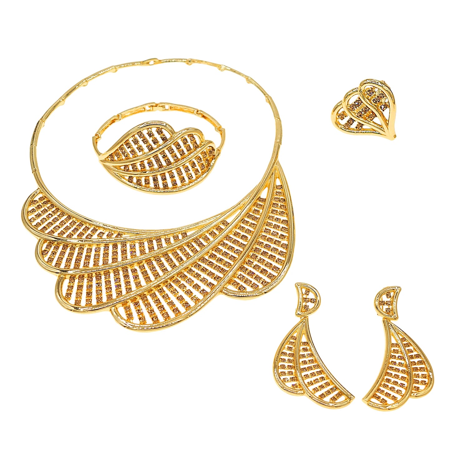 Zhuerrui Gold Plated Fan Shaped Necklace Earrings Bangle Ring Italian Jewelry Set for Women Party Wedding Accessory I006520