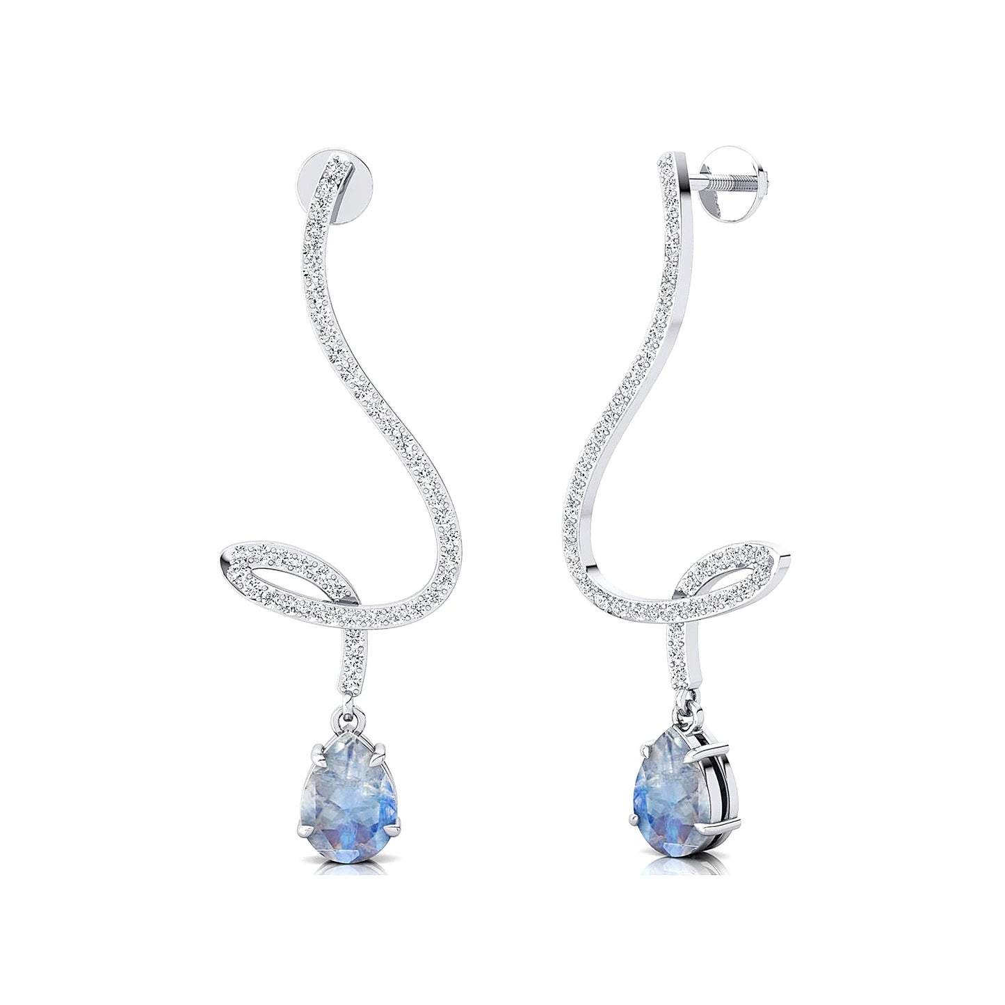 14k Solid Gold Handmade Earrings Unique Pear Cut Natural Rainbow Moonstone & Real Diamonds Dangling Drop Earrings Jewelry Gift