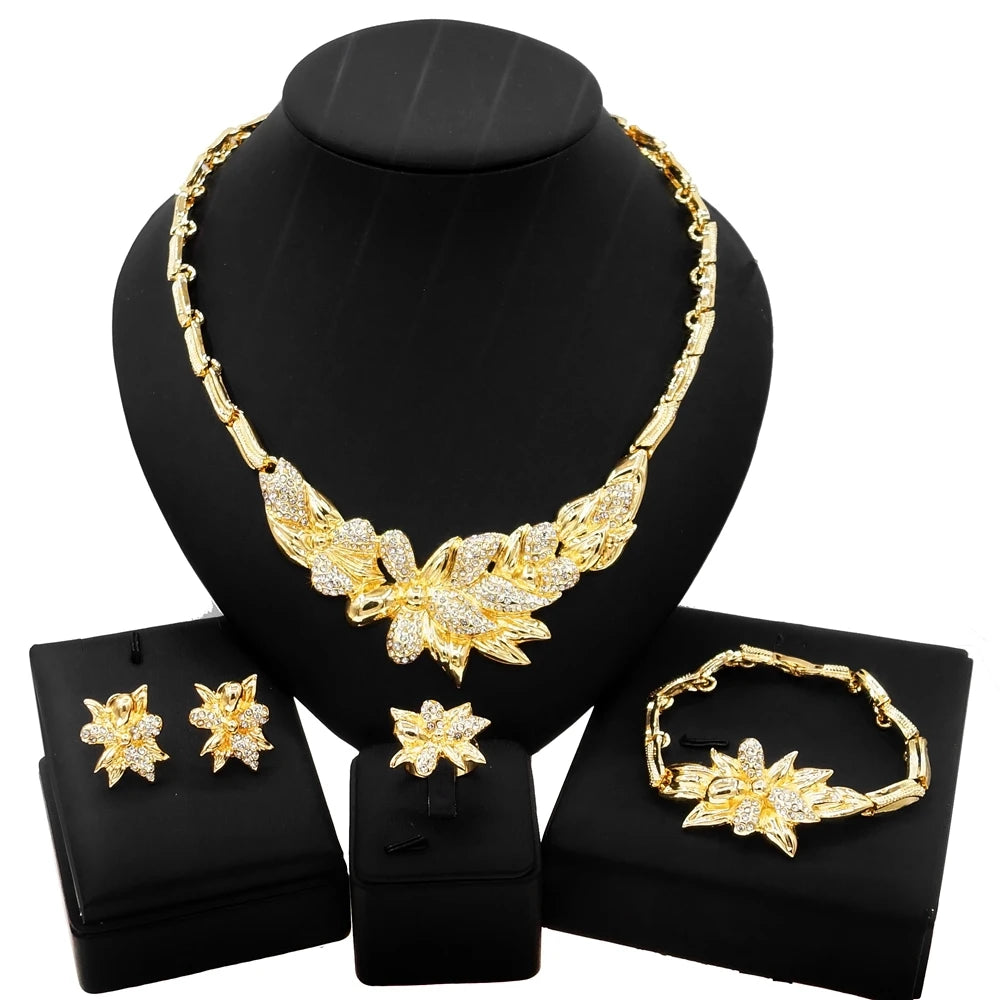 Zhuerrui New Brazil Women Gold-Plated Hug Flowers Jewelry Set Necklace Bracelet Earrings Ring Wholesale Zircon Jewelry SetsX0114