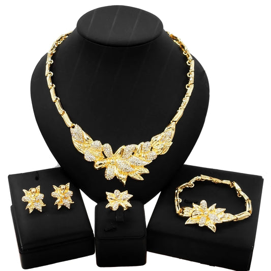 Zhuerrui New Brazil Women Gold-Plated Hug Flowers Jewelry Set Necklace Bracelet Earrings Ring Wholesale Zircon Jewelry SetsX0114