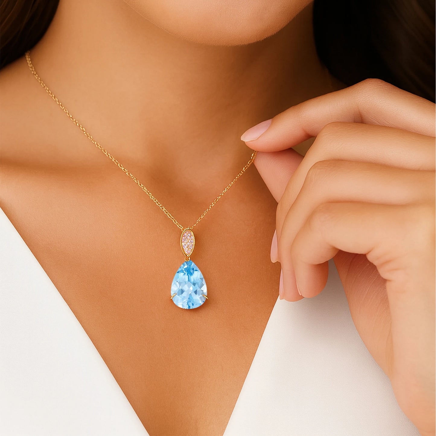 Natural Aquamarine Gemstone 14k Solid Gold Handmade Cute Rhodium Plated Teardrop Pendant Necklace Wholesale Supplier Jewelry