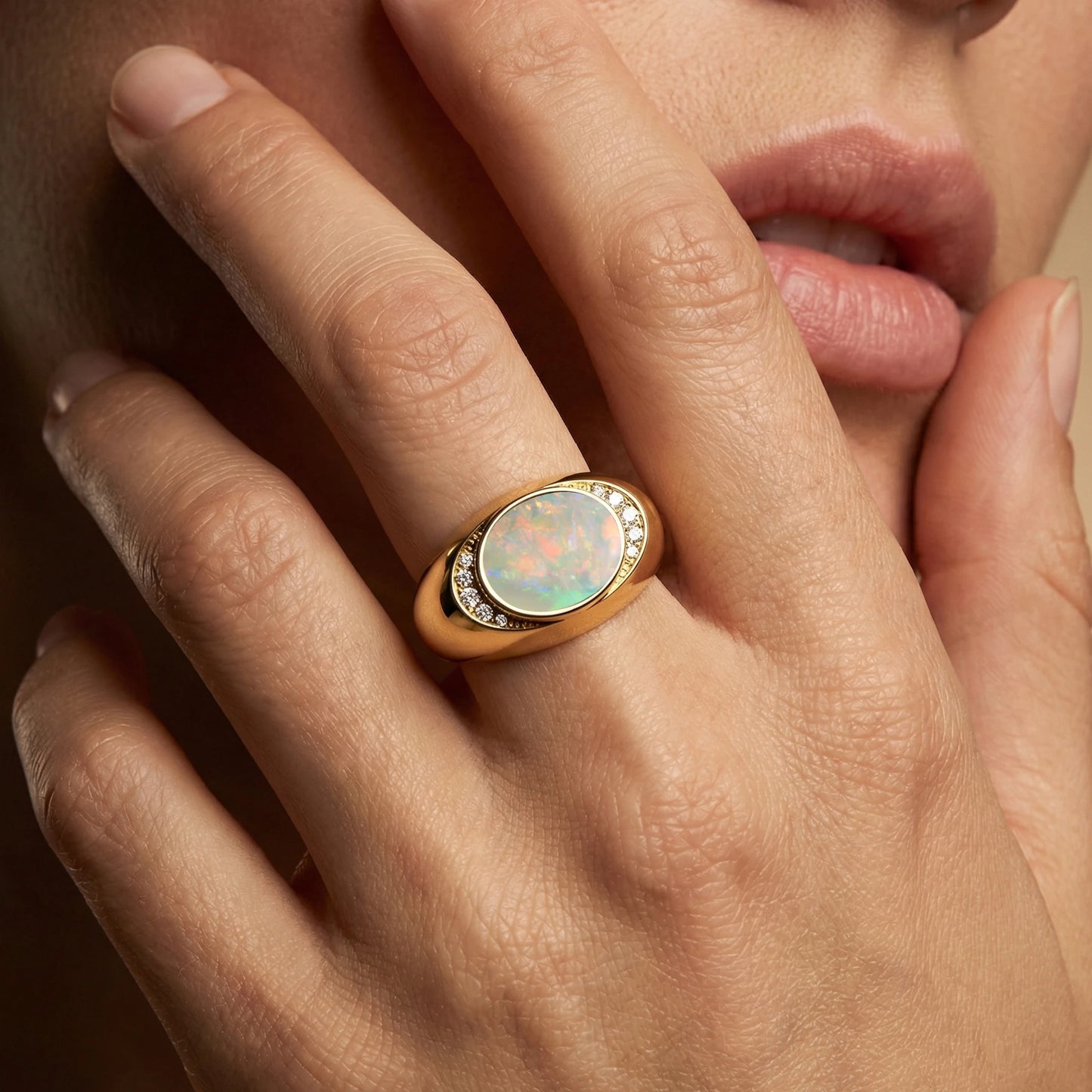 Minimalist Design Oval Cut Natural Ethiopian Opal Gemstone Wedding Luxurious Signet Ring With Real Diamonds 18k Solid Gold Rings