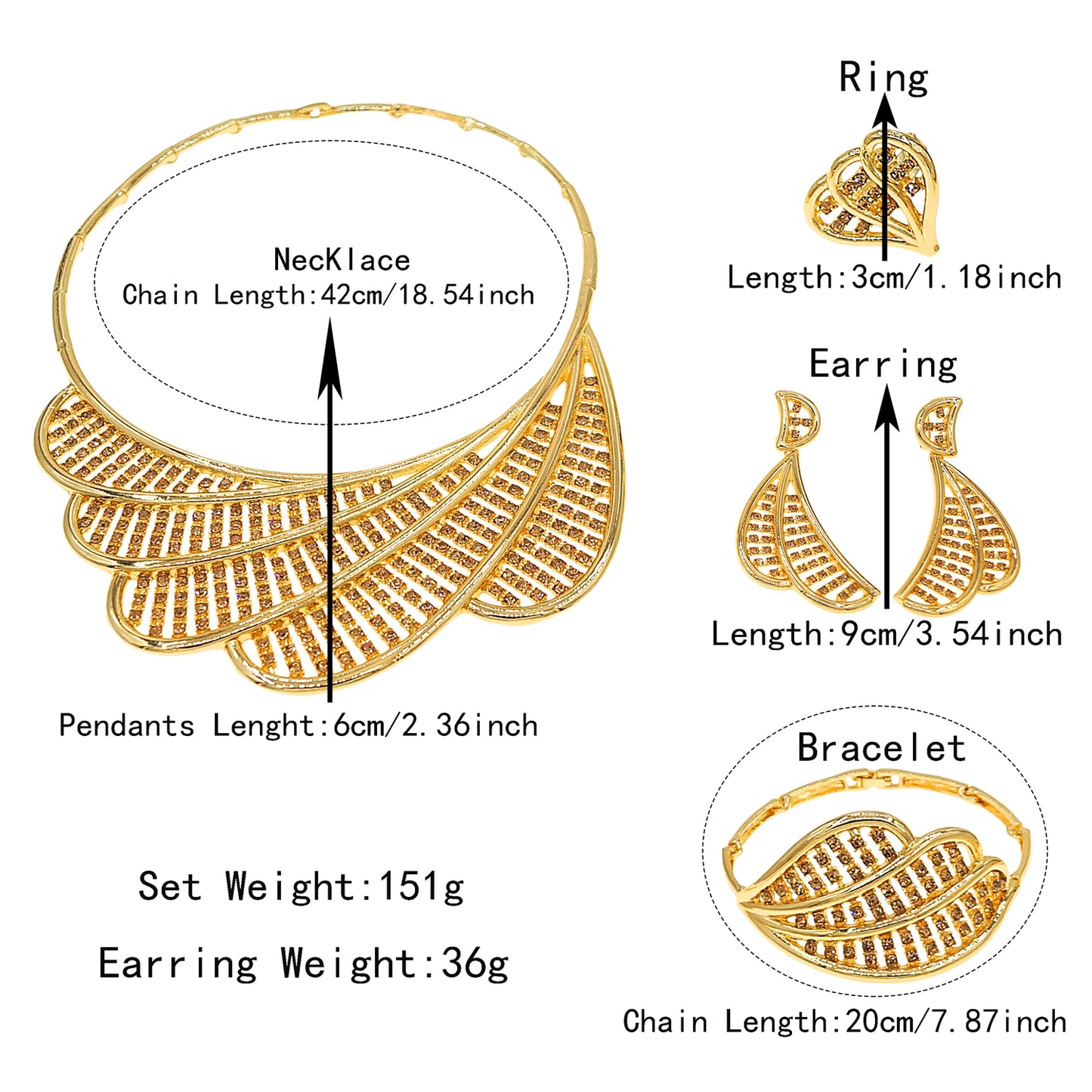 Zhuerrui Gold Plated Fan Shaped Necklace Earrings Bangle Ring Italian Jewelry Set for Women Party Wedding Accessory I006520