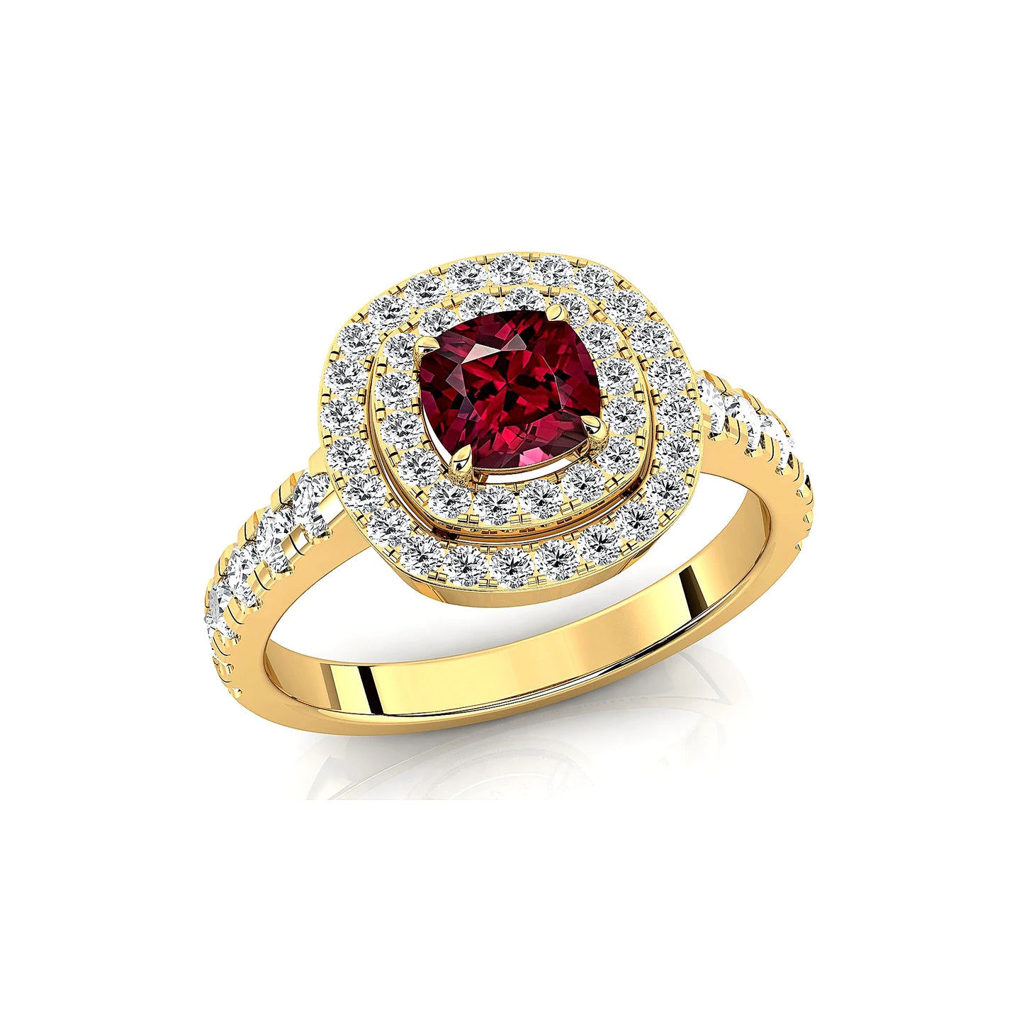 18kt Solid Gold 5mm Cushion Cut Natural Garnet Real Diamonds Rhodium Plated Prong Setting Halo Ring Fine Jewelry OEM Wholesale