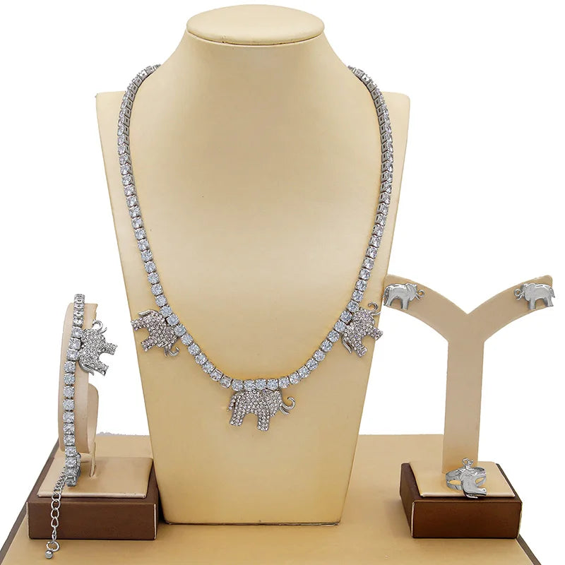 Zhuerrui Crystal Elephant I Love You Hug and Kiss Jewelry Set 14k Gold Plating Wedding Party Jewelry Set for Woman Gift X0067