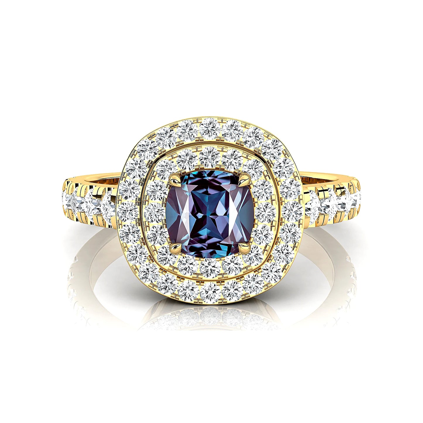 18k Solid Gold Handmade Rings Cushion Cut Lab Grown Alexandrite Gemstone and Real Diamonds Wedding Rhodium Plated Halo Ring