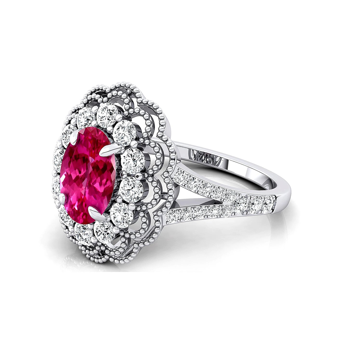 Lab Grown Pink Sapphire Halo Cluster Ring in 18k Solid Gold with Natural Diamonds Rhodium Plated Prong Set for Wedding