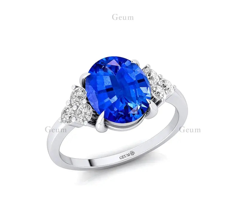 Luxurious 14k Solid Gold Lab Created Blue Sapphire Gemstone Real Diamonds Ring High Quality Fine Jewelry Classic Wedding Ring