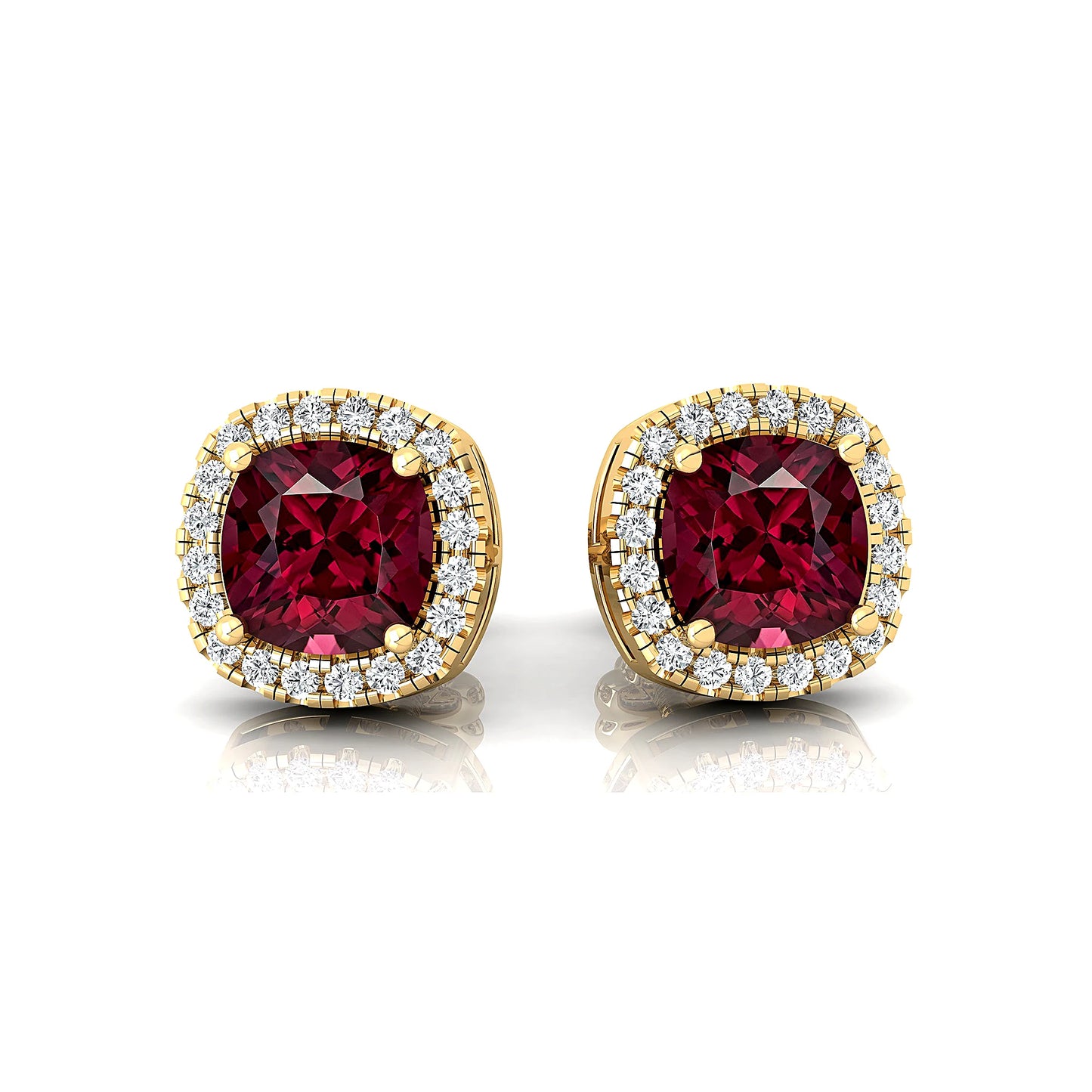 18k Solid Gold Cute Dainty Studs Cushion Cut Natural Garnet Rhodium Plated Push Back Stud Earrings With Real Diamonds Jewelry