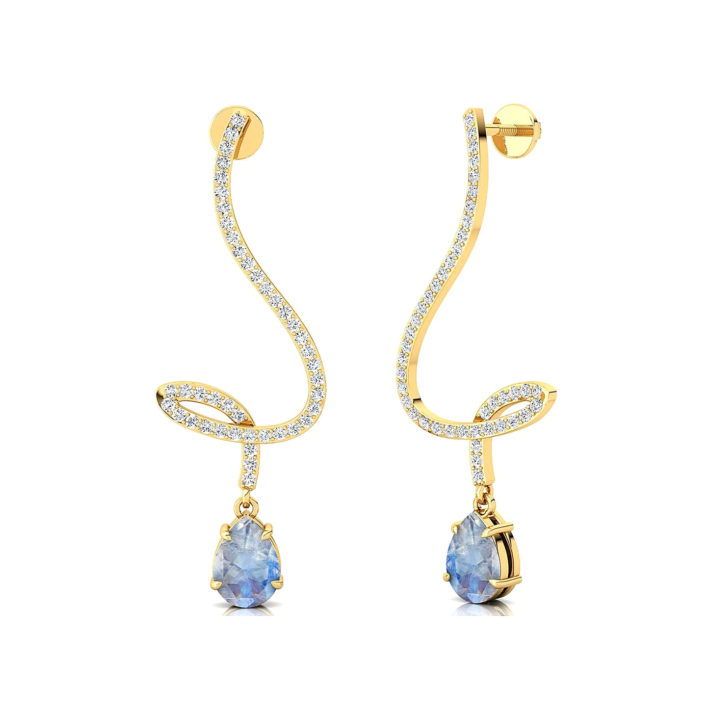 14k Solid Gold Handmade Earrings Unique Pear Cut Natural Rainbow Moonstone & Real Diamonds Dangling Drop Earrings Jewelry Gift