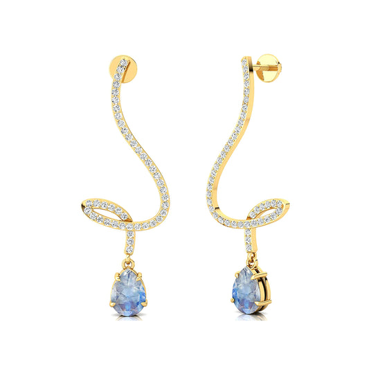 14k Solid Gold Handmade Earrings Unique Pear Cut Natural Rainbow Moonstone & Real Diamonds Dangling Drop Earrings Jewelry Gift