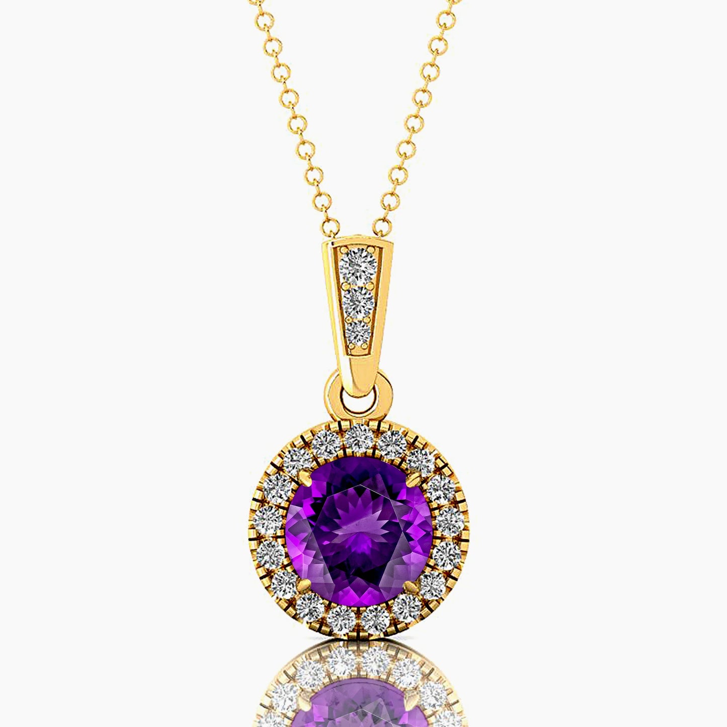 Natural Amethyst Gemstone Cute Minimalist Halo Solitaire Pendant 14K Solid Gold Rhodium Plated Diamond Gift