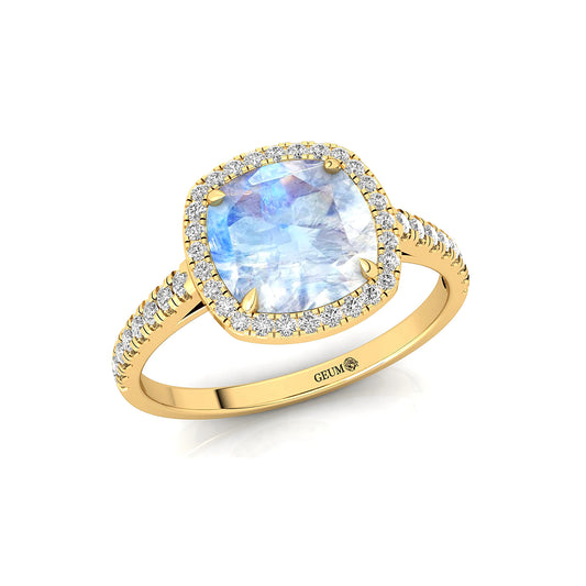 14k Solid Gold Natural Rainbow Moonstone June Birthstone Cushion Shape Prong Set Third Party Certified Handmade Wedding Ring