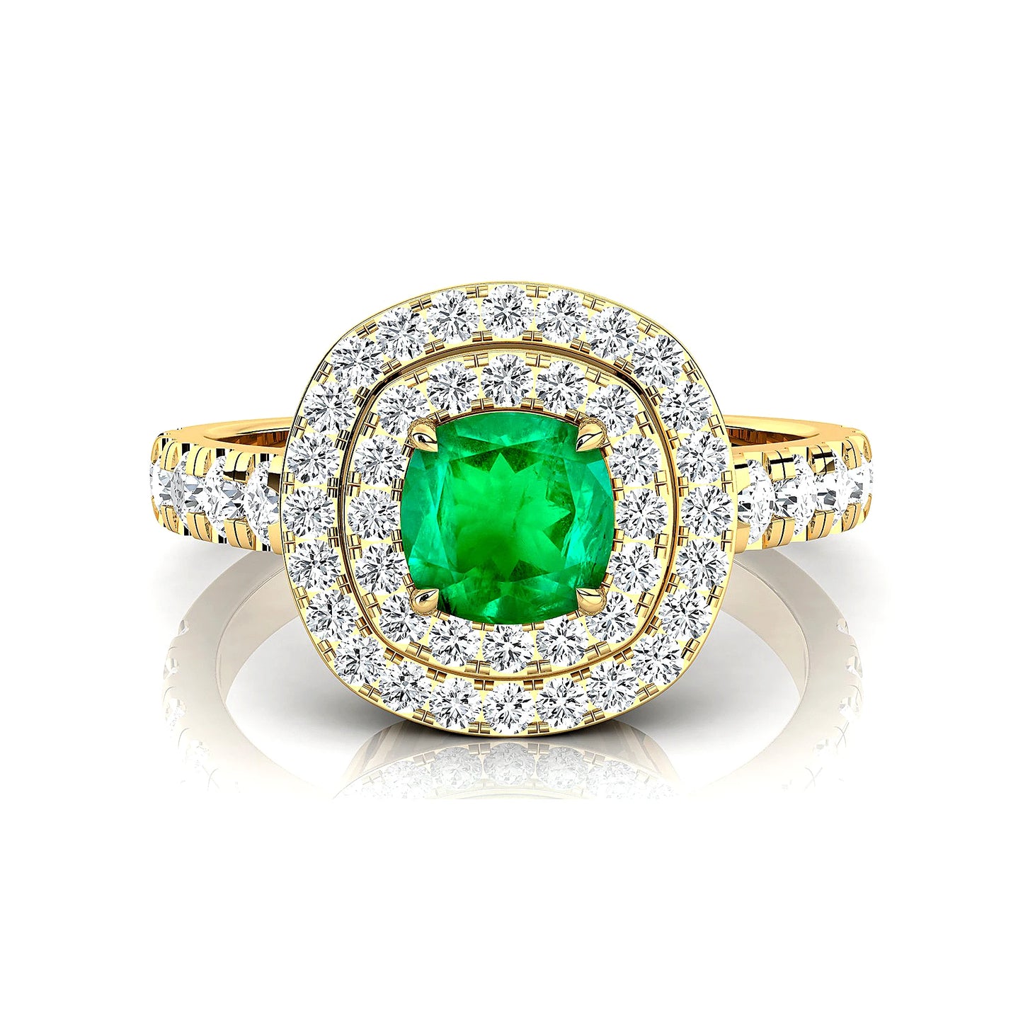 Lab Grown Emerald Gemstone Wedding Rings with Real White Diamonds Cushion Cut Halo Design Premium 18k Solid Gold Rhodium Plated