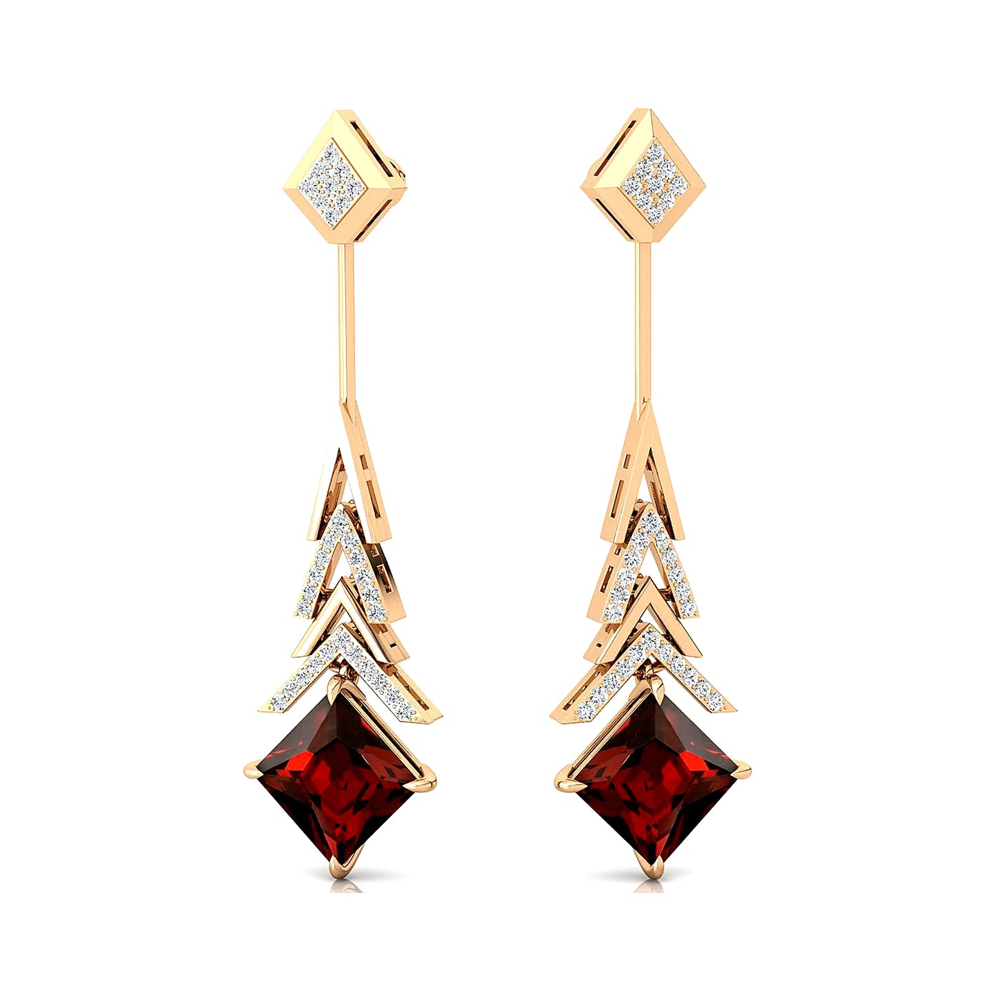 Natural Red Garnet Gemstone & Real Diamond Dangle Drop Earrings Solid Gold Certified Cute Style for Wedding Party or Gift