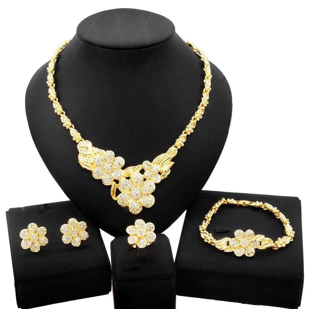 Zhuerrui New Style High Quality Crystal Flower Shape Dating Set Victorian Woman Gift 24K Gold Plated Wedding Jewelry Sets X0118
