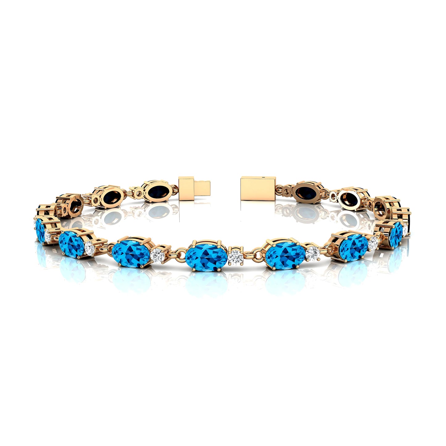14K Pure Gold Oval Cut Swiss Blue Topaz With Round Real Diamonds Tennis Bracelet 2025 New Design Unisex Classic Tennis Bracelet