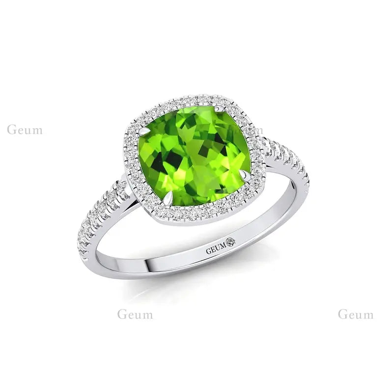 Genuine Peridot 18k Solid Gold August Birthstone Wedding Ring Anniversary Gift Natural Cut Diamond Engagement Ring for Party