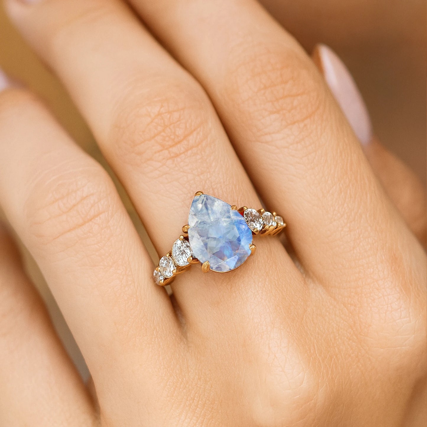 Fabulous Pear Shape Natural Rainbow Moonstone Gemstone Bridal Cluster Rings in 18k Solid Gold with Round Cut Real Diamonds Ring