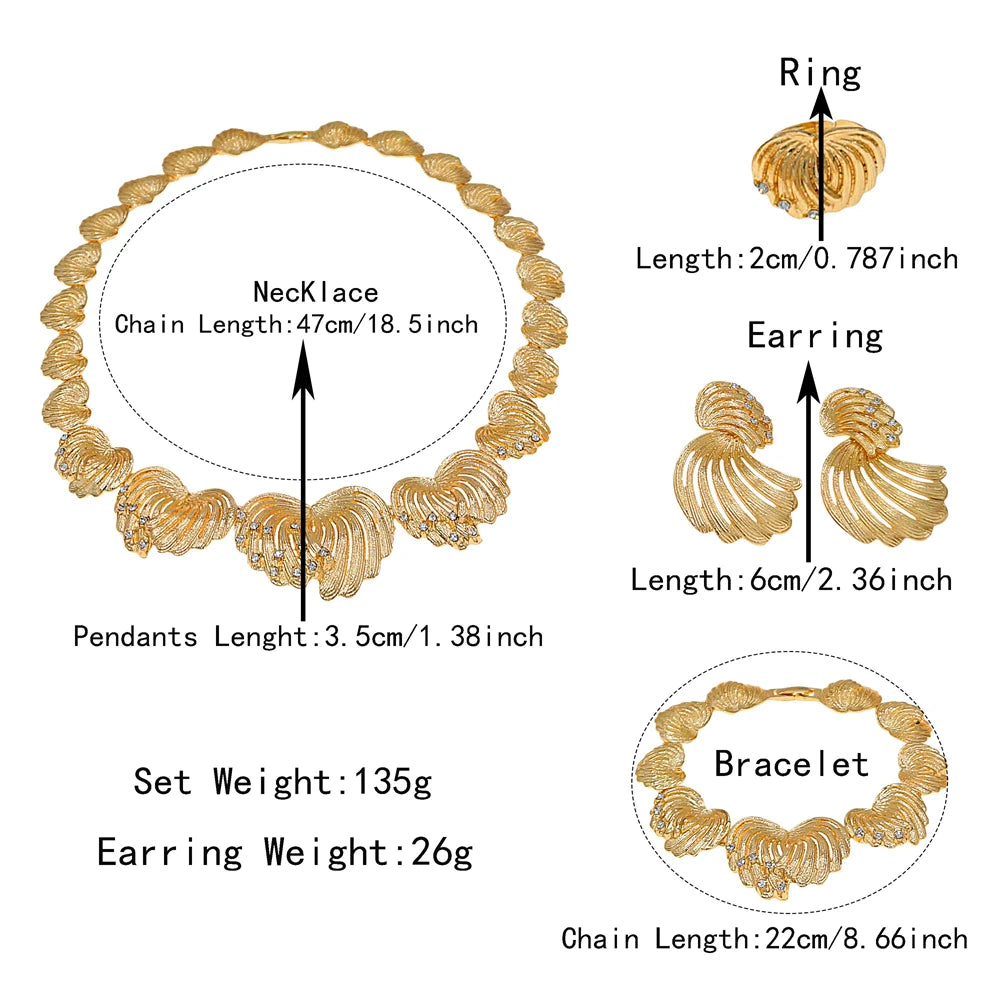 Zhuerrui Italian Gold Plated Jewelry Set Fan Shaped Crystal Inlaid Layered Necklace Earrings Bracelet Ring for Women Party I0059