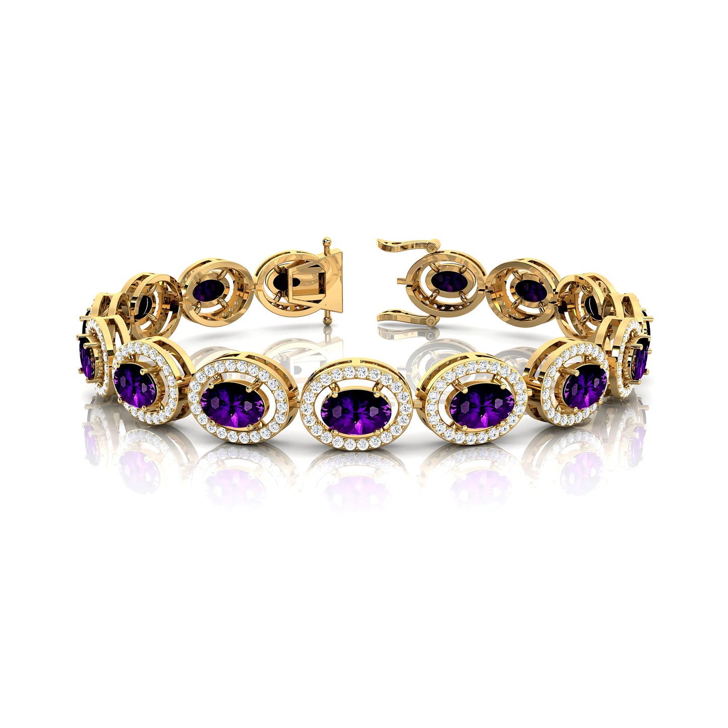 14K Gold Luxury Amethyst & Diamond Women's Tennis Bracelet Trendy Purple Oval Cut Amethyst Prong Set Tennis Link Chain Bracelets