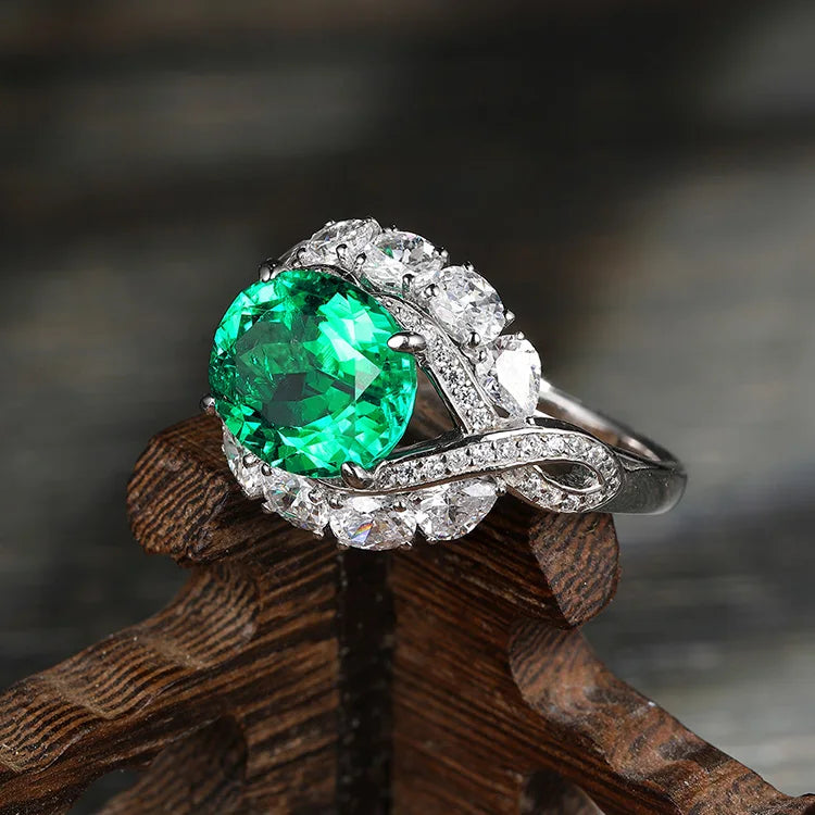 Gemfiori Anster Lab Made Diamonds and Ring S925 Sterling Silver Oval Cut Lab Created Emerald Women Ring