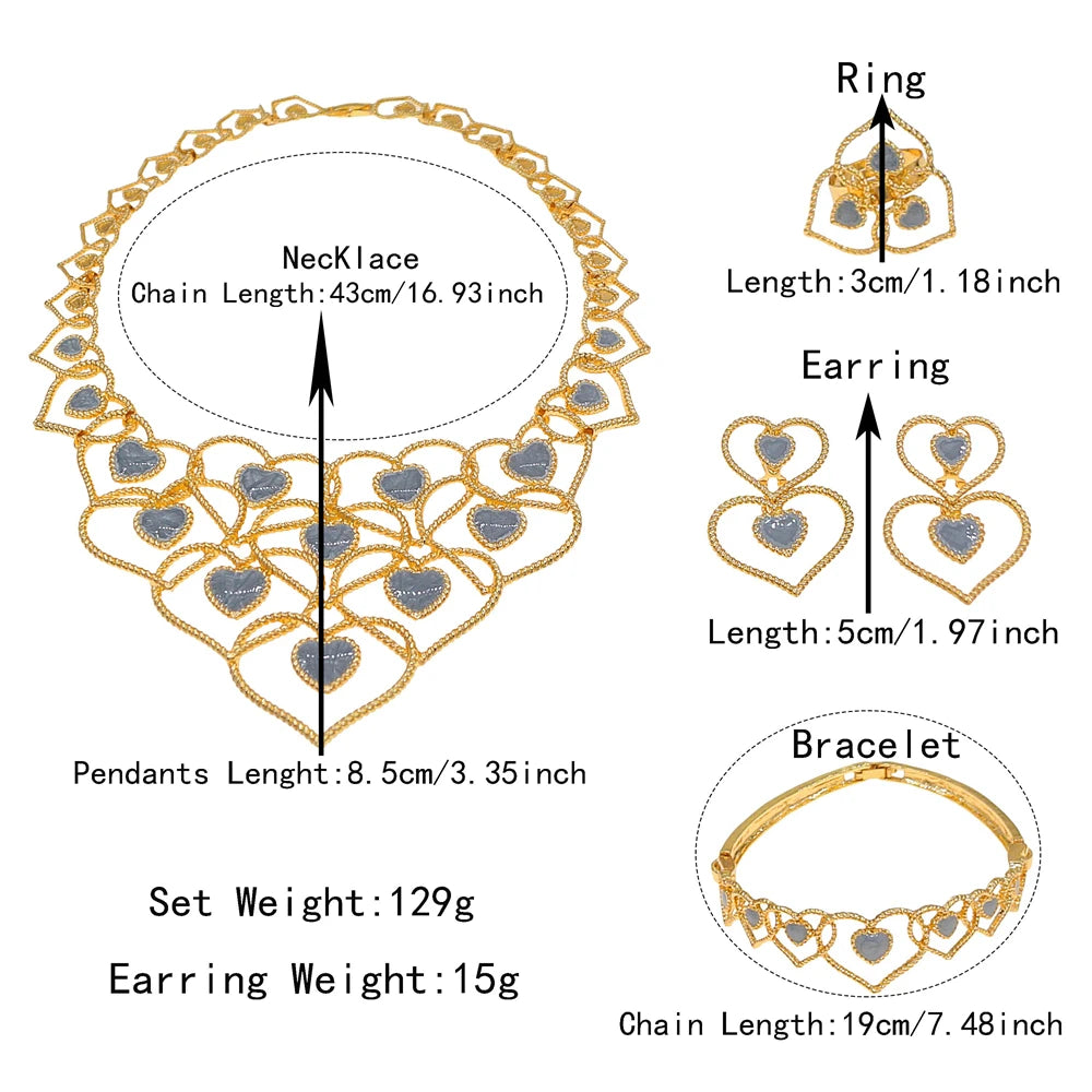 Zhuerrui Dubai Gold Plated Jewelry Set Layered Heart Inlaid Gold Weave Necklace Earrings Bracelet Ring for Women Wedding I005520