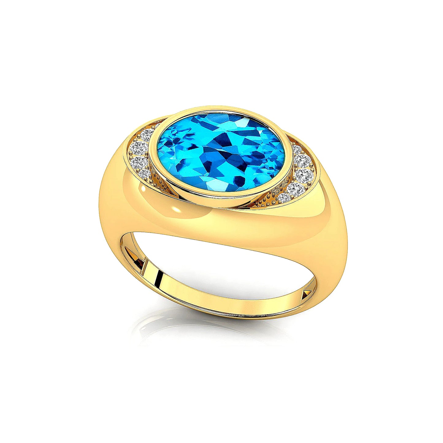 Natural Swiss Blue Topaz Gemstone Wedding Signet Rings With Real Diamonds 18k Solid Rose White Yellow Gold Rhodium Plated Rings