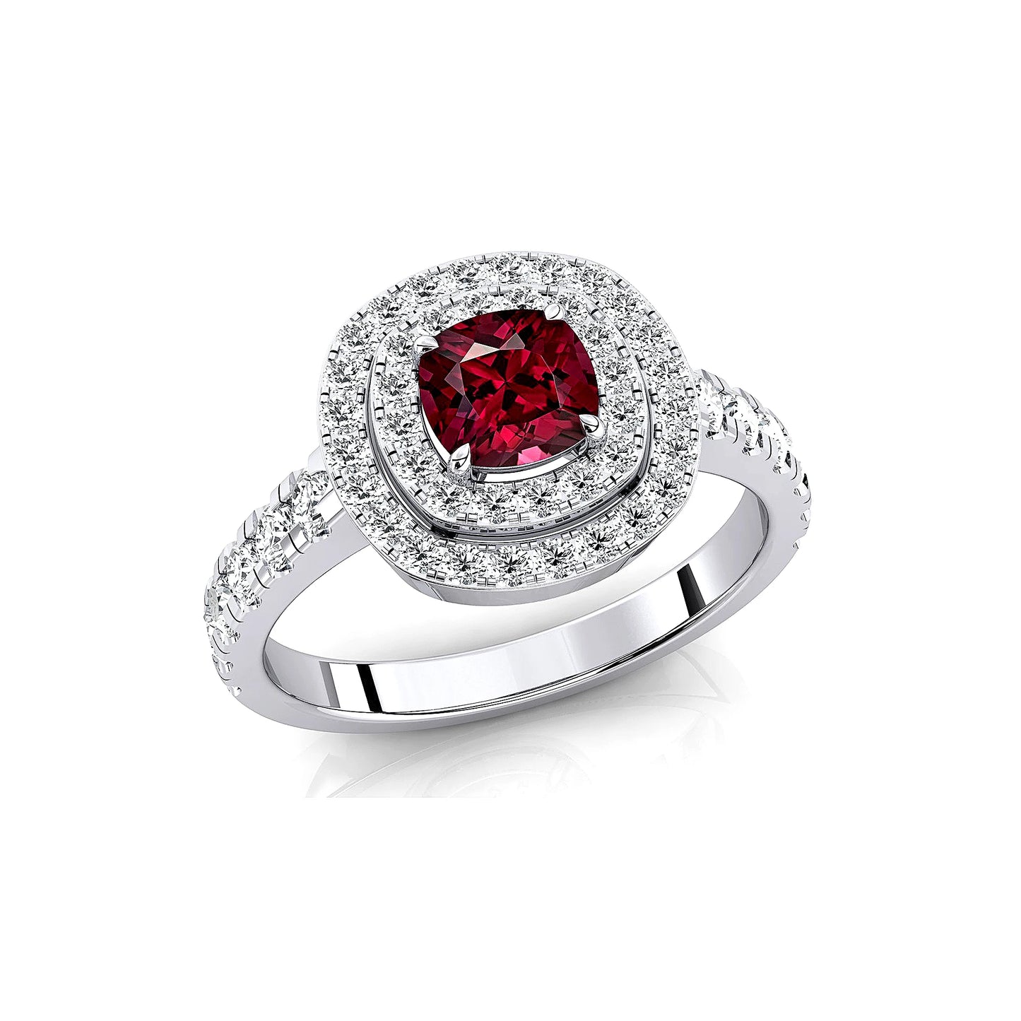18kt Solid Gold 5mm Cushion Cut Natural Garnet Real Diamonds Rhodium Plated Prong Setting Halo Ring Fine Jewelry OEM Wholesale