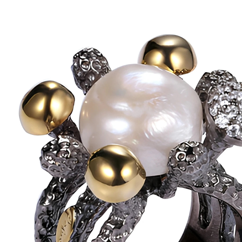 Italian Freshwater Button Pearl 925 Sterling Silver Ring for Women