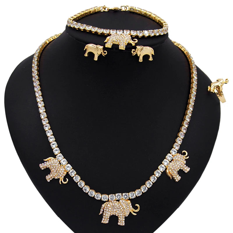 Zhuerrui Crystal Elephant I Love You Hug and Kiss Jewelry Set 14k Gold Plating Wedding Party Jewelry Set for Woman Gift X0067