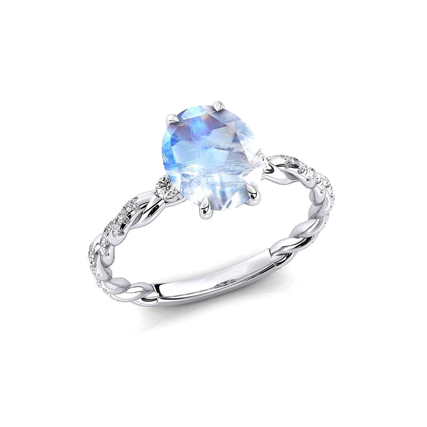 Natural Rainbow Moonstone Real Pave Diamonds Solitaire Twisted Ring 18kt Solid Gold Rhodium Plated Prong Set Bridal Party Rings