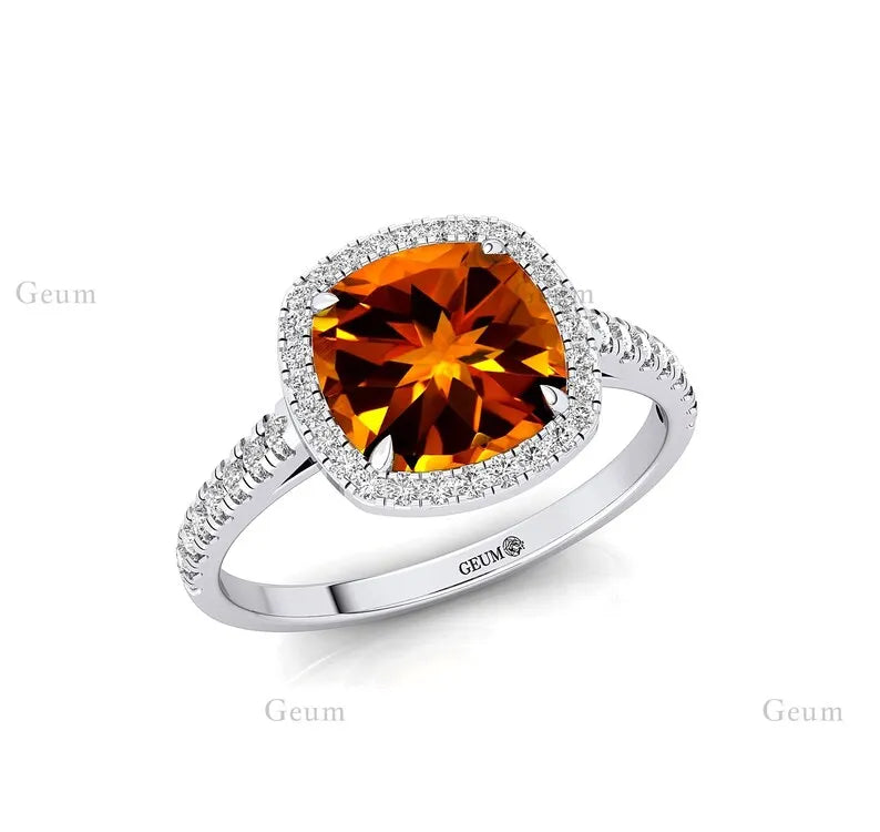 Luxury Classic Wedding Cushion Cut Citrine November Birthstone 18k Solid Gold Women's Diamond Ring