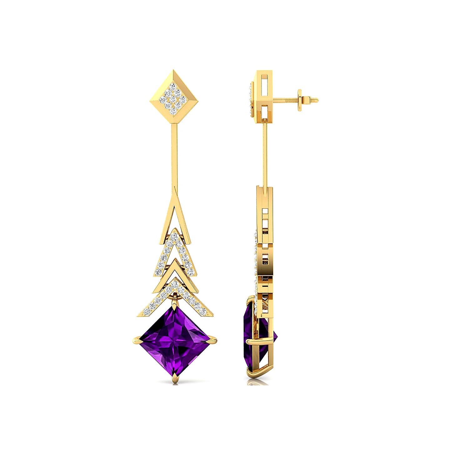 Finest Quality Natural Amethyst Gemstone Real Diamonds 18K Solid Yellow Gold Rhodium Plated Dangle Drop Wedding Party Gift