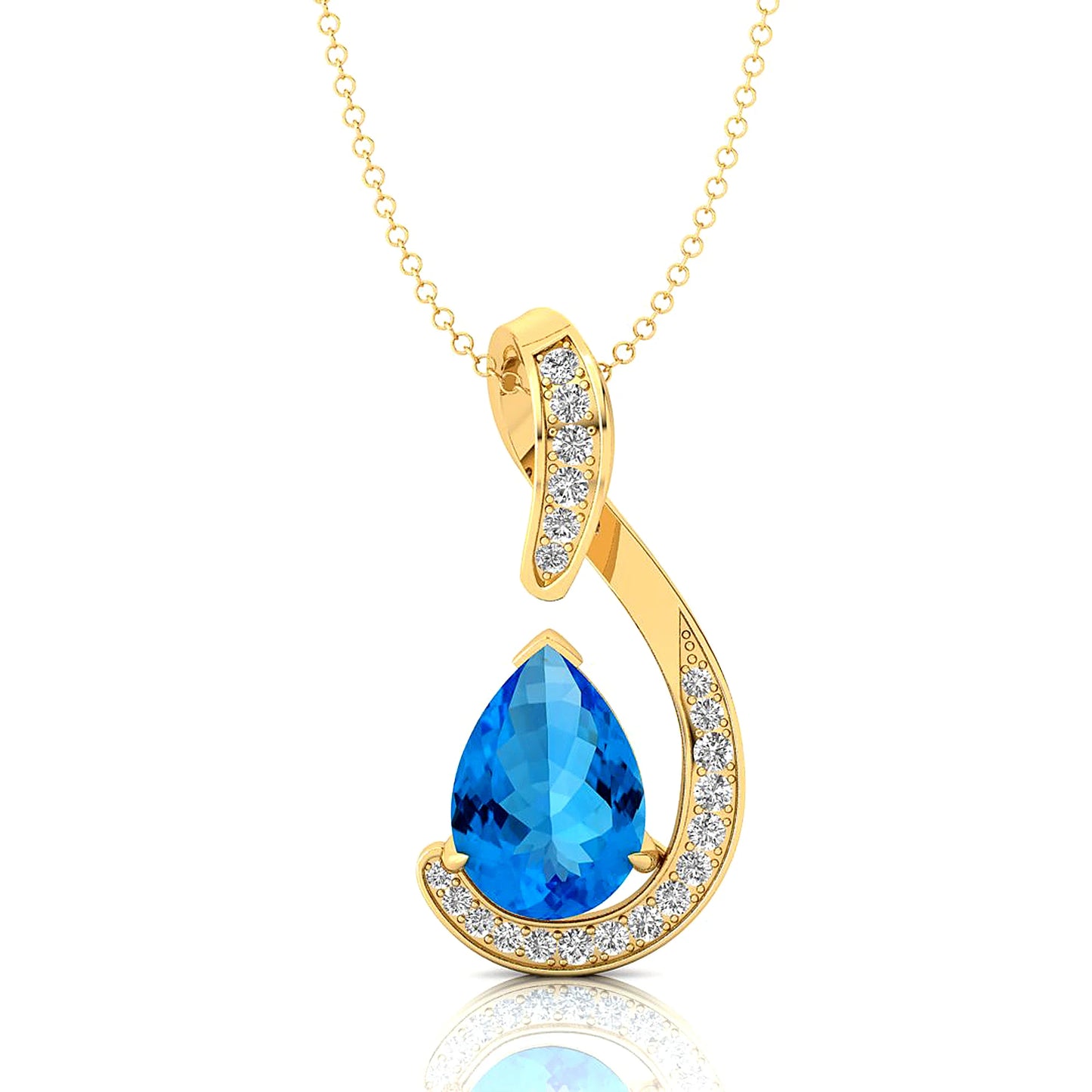 14k Solid Gold Pendant Natural Swiss Blue Topaz Stone & Diamonds Pendant Necklace For Women Wedding Pendant Gift For Wife