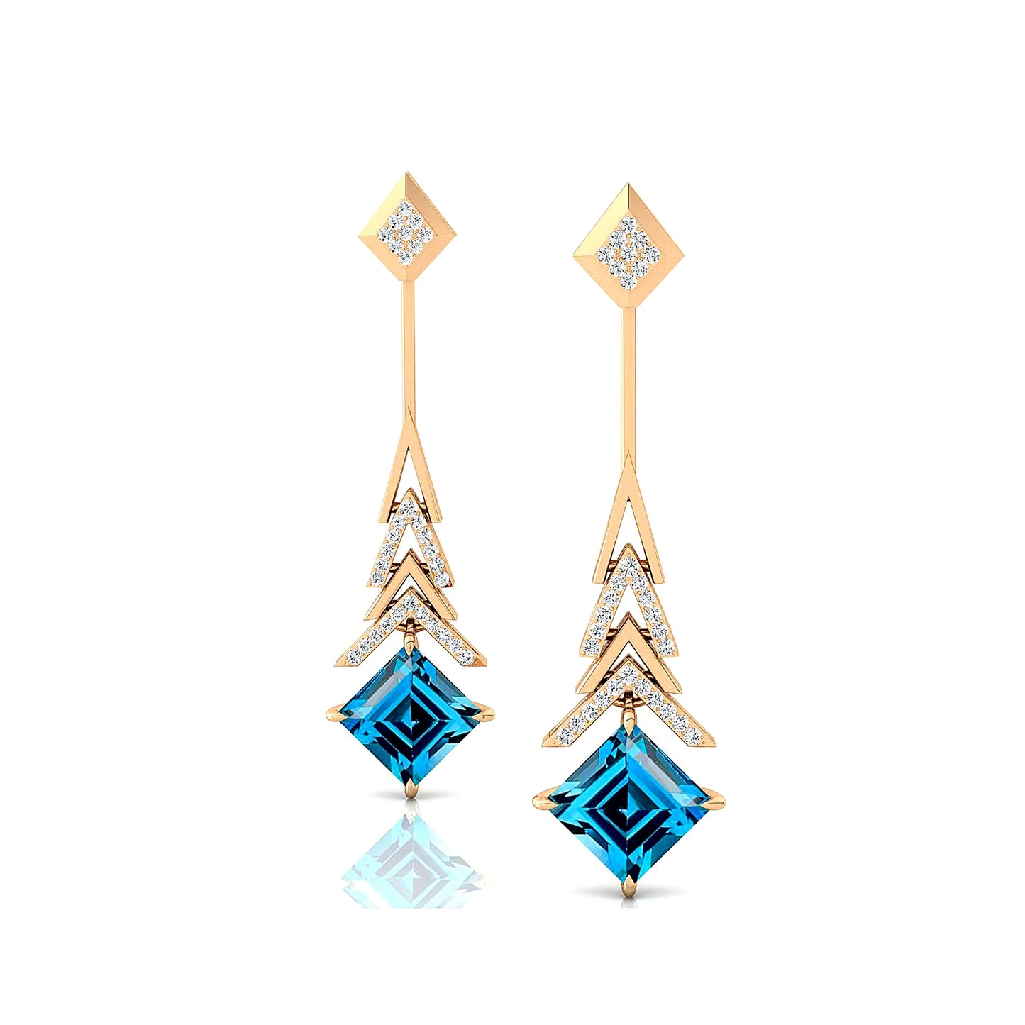 18k Solid Gold Cute Wedding Gift Earrings with London Blue Topaz and Round Cut Diamonds Luxurious Drop Earrings For Birthday