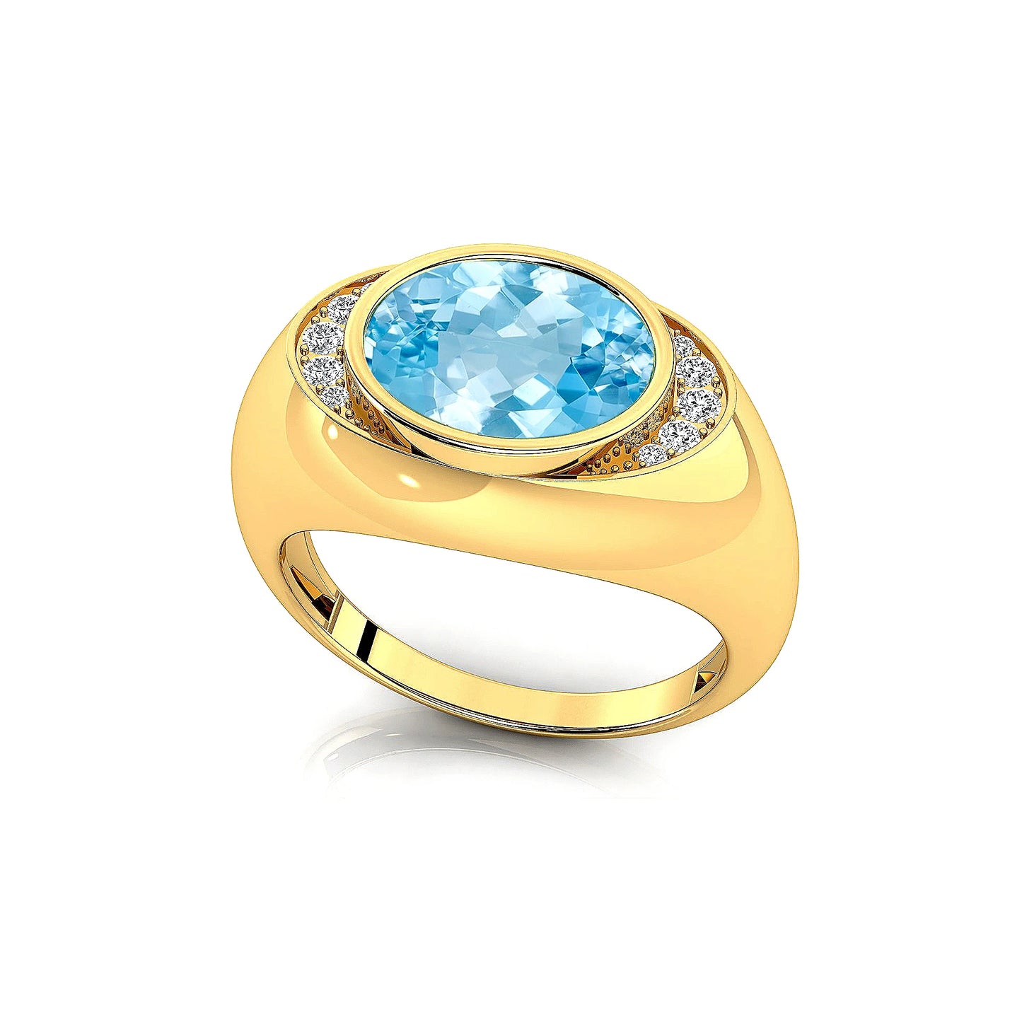 18k Solid Gold Unique Design Luxurious Wedding Signet Rings Studded Natural Aquamarine Gemstone Real Diamonds Rhodium Plated