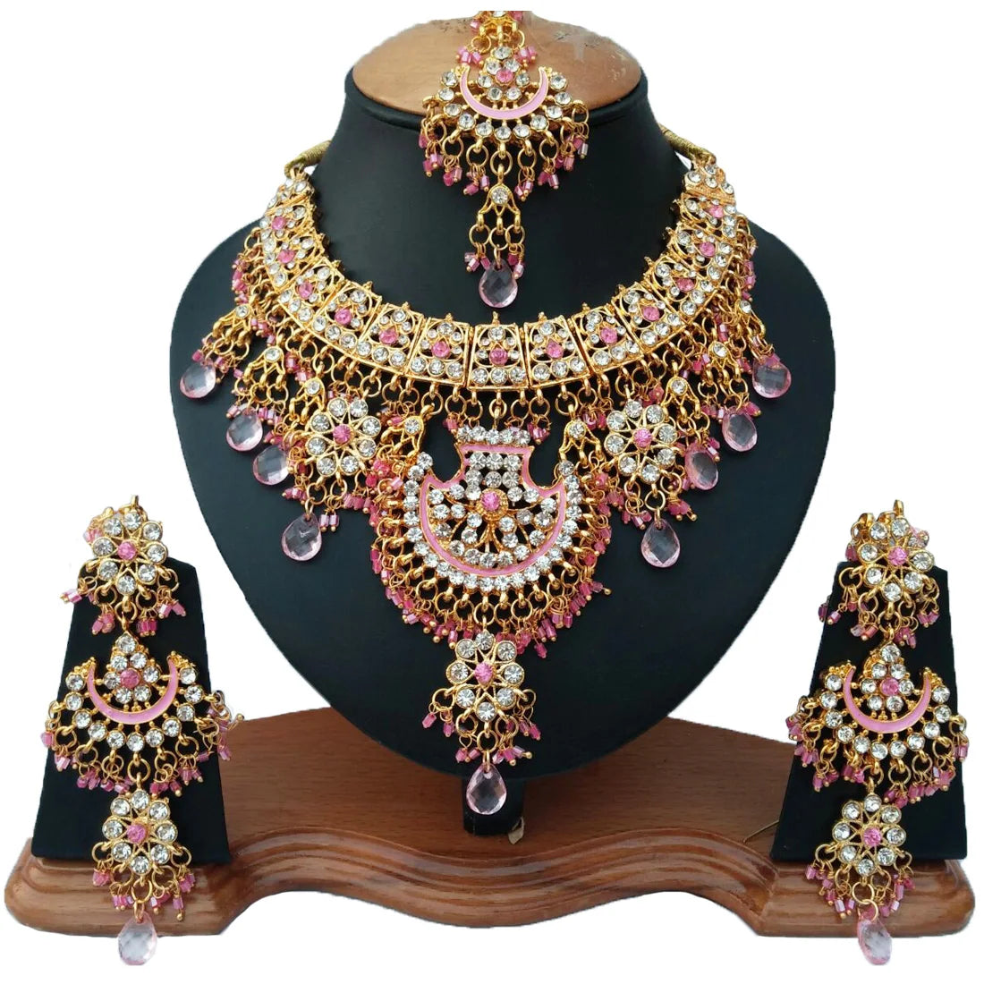 Indian Royal Zircon Brass Rose Gold Plated Flower Design Bridal Set Headpiece Women Engagement Wedding Anniversary Party Ethnic