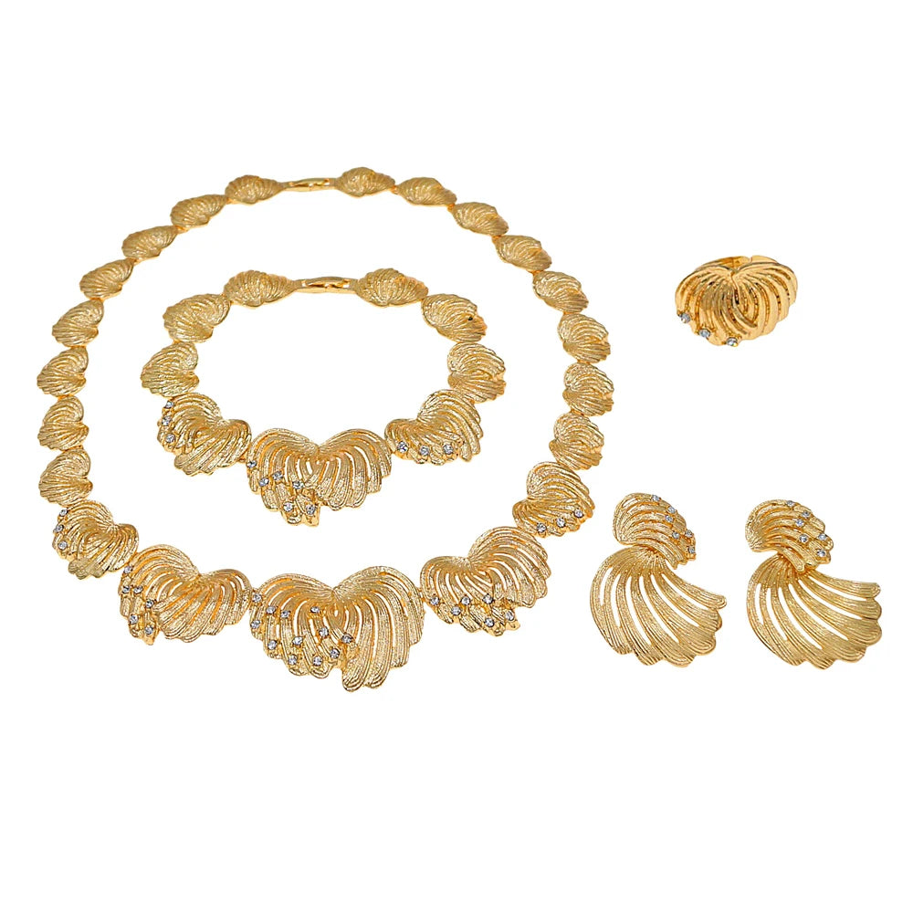 Zhuerrui Italian Gold Plated Jewelry Set Fan Shaped Crystal Inlaid Layered Necklace Earrings Bracelet Ring for Women Party I0059