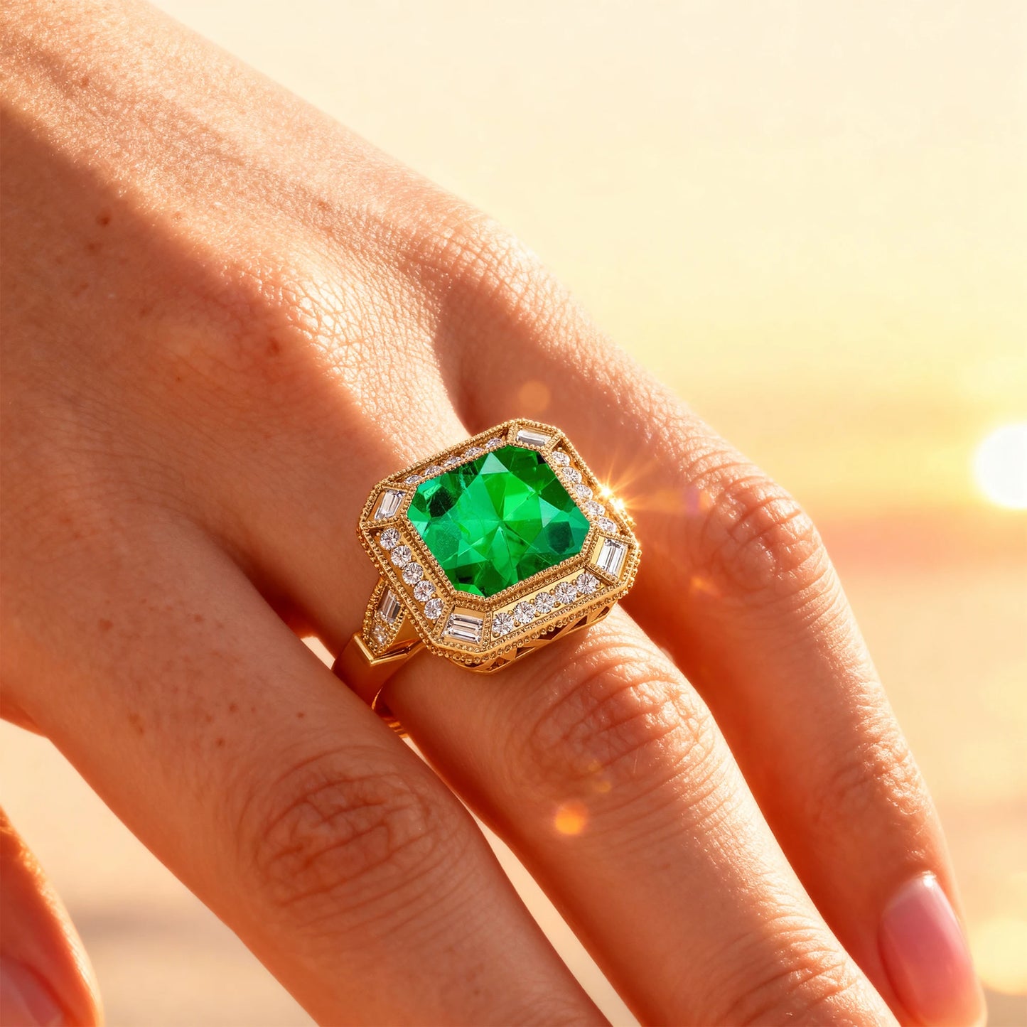 Solid Gold 100% Lab Grown Emerald Gemstone Rhodium Plated Halo Diamonds Solitaire Fine Jewelry Ring Gift For Anniversary